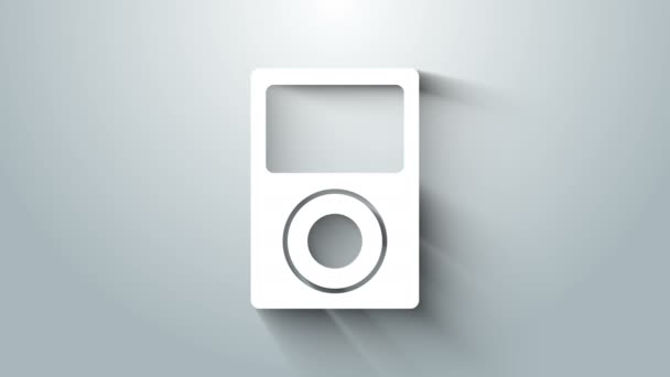 白色音乐播放器图标孤立在灰色背景.便携式音乐设备。4K视频运动图形动画 — 图库视频影像