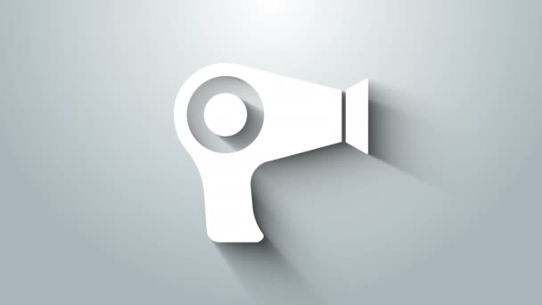 White Hair dryer icon isolated on grey background. Hairdryer sign. Hair drying symbol. Blowing hot air. 4K Video motion graphic animation — Stock Video