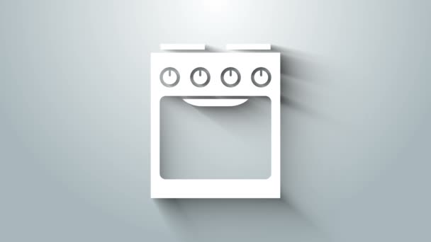 Ícone de forno branco isolado em fundo cinza. Fogão sinal forno a gás. Animação gráfica em movimento de vídeo 4K — Vídeo de Stock