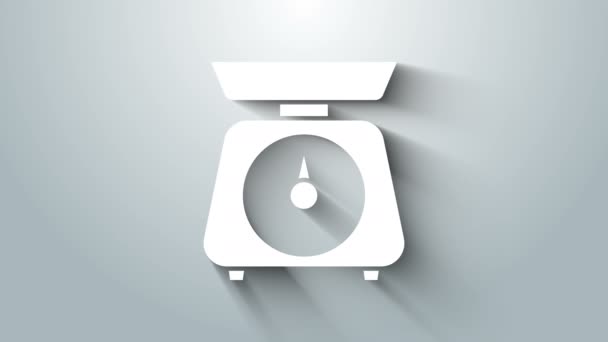 Icona Bilance bianche isolata su sfondo grigio. Apparecchiature di misura del peso. Animazione grafica 4K Video motion — Video Stock