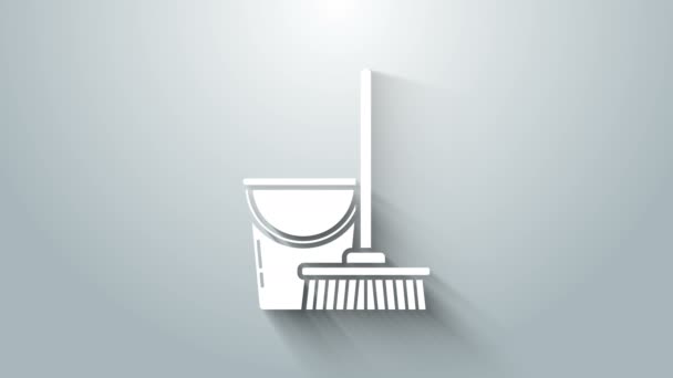 White Mop and bucket icon isolated on grey background. Cleaning service concept. 4K Video motion graphic animation — Stock Video