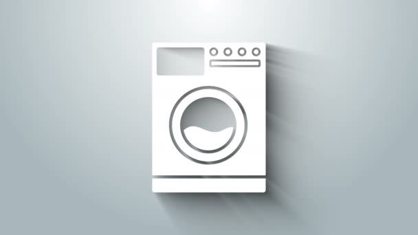화이트 워 셔 아이콘은 회색 배경에서 분리되었습니다. 세탁기 아이콘이야. 옷 세탁기. 가전제품의 상징. 4K 비디오 모션 그래픽 애니메이션 — 비디오