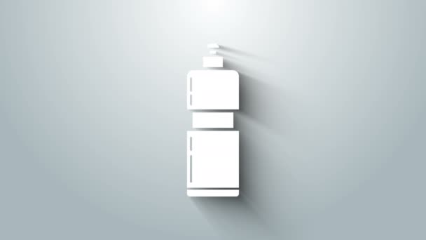 Biała plastikowa butelka do płynnego detergentu do prania, wybielacza, płynu do zmywania naczyń lub innej ikony środka czyszczącego izolowanej na szarym tle. 4K Animacja graficzna ruchu wideo — Wideo stockowe