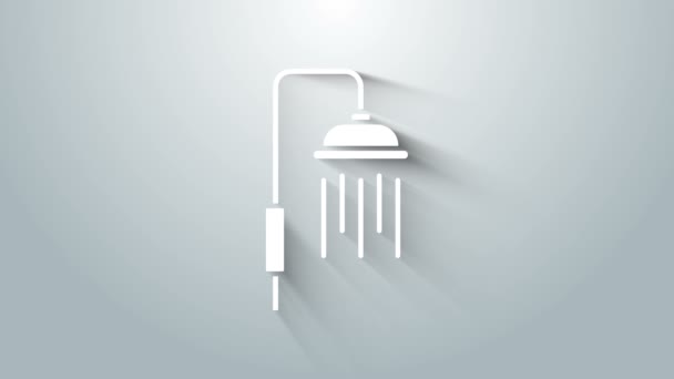Cabeça de chuveiro branca com gotas de água ícone fluindo isolado no fundo cinza. Animação gráfica em movimento de vídeo 4K — Vídeo de Stock