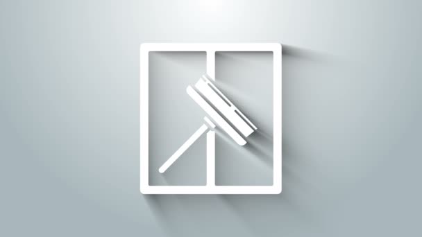 Servizio di pulizia bianco con di gomma detergente per finestre icona isolata su sfondo grigio. Raschietto, raschietto, tergicristallo. Animazione grafica 4K Video motion — Video Stock