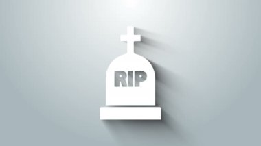 Üzerinde RIP yazılı Beyaz Tombstone resmi gri arkaplanda izole edilmiş. Mezar ikonu. 4K Video hareketli grafik canlandırması