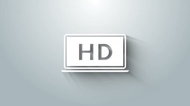 Gri arkaplanda HD video teknolojisi simgesi olan beyaz dizüstü bilgisayar ekranı. 4K Video hareketli grafik canlandırması
