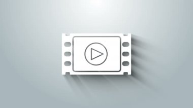 Gri arkaplanda beyaz oyun video simgesi izole edildi. Oyun işaretli film şeridi. 4K Video hareketli grafik canlandırması