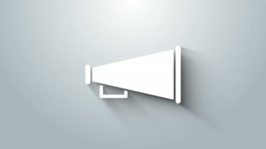 Gri arkaplanda beyaz megafon simgesi izole edildi. Sözcü işareti. 4K Video hareketli grafik canlandırması