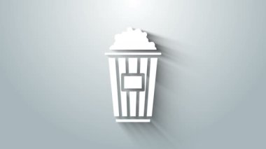 Beyaz patlamış mısır, gri arka planda izole edilmiş karton kutu simgesinde. Patlamış mısır kutusu. 4K Video hareketli grafik canlandırması