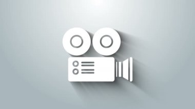 Beyaz Sinema kamera simgesi gri arkaplanda izole edildi. Video kamera. Film tabelası. Film projektörü. 4K Video hareketli grafik canlandırması