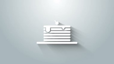 Gri arkaplanda izole edilmiş beyaz krep ikonu yığını. Şerbetli ve kirazlı fırın. Kahvaltı konsepti. 4K Video hareketli grafik canlandırması