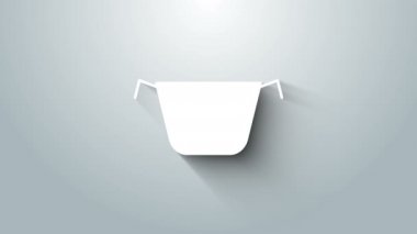 Gri arkaplanda beyaz tencere simgesi izole edildi. Haşlama ya da güveç besin sembolü. 4K Video hareketli grafik canlandırması