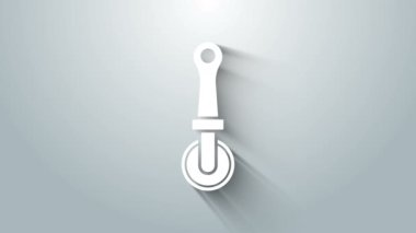 Beyaz Pizza bıçak ikonu gri arka planda izole edildi. Pizza kesme tabelası. Çelik mutfak gereçleri. 4K Video hareketli grafik canlandırması