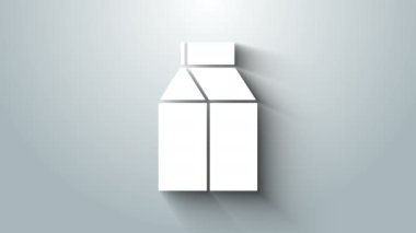 Gri arkaplanda süt simgesi için beyaz kağıt paketi izole edildi. Süt paketi işareti. 4K Video hareketli grafik canlandırması