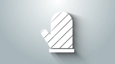 Gri arkaplanda beyaz fırın eldiveni ikonu izole edildi. Mutfak tutacağı işareti. Yemek eldiveni. 4K Video hareketli grafik canlandırması