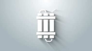 Beyaz Patlayıcı bomba çubuğu ve zamanlayıcı ikonu gri arka planda izole edildi. Saatli bomba - patlama tehlikesi kavramı. 4K Video hareketli grafik canlandırması