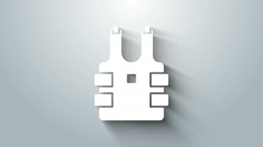 Gri arka planda izole edilmiş kurşun ikonundan korunmak için beyaz kurşun geçirmez yelek. Vücut zırhı işareti. Askeri kıyafetler. 4K Video hareketli grafik canlandırması