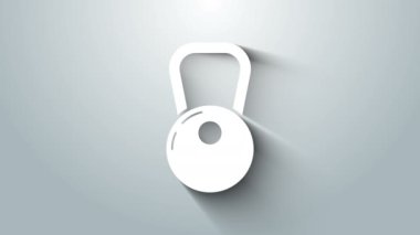 Beyaz Kettlebell simgesi gri arkaplanda izole edildi. 4K Video hareketli grafik canlandırması