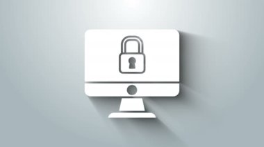 Gri arkaplanda bilgisayar monitörü simgesinde beyaz kilit izole edildi. Güvenlik, güvenlik, koruma kavramı. Güvenli bir ağ. 4K Video hareketli grafik canlandırması