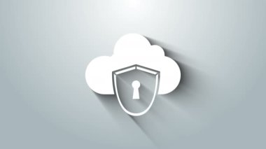 Beyaz Bulut ve kalkan simgesi gri arkaplanda izole edildi. Bulut depolama veri koruması. Güvenlik, güvenlik, koruma, gizlilik kavramı. 4K Video hareketli grafik canlandırması
