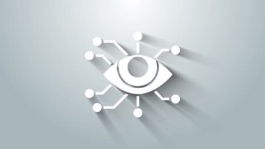 Beyaz Göz tarama simgesi gri arkaplanda izole edildi. Göz taraması yapılıyor. Güvenlik kontrol sembolü. Siber göz işareti. 4K Video hareketli grafik canlandırması