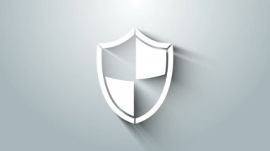 Beyaz Kalkan simgesi gri arkaplanda izole edildi. Gardiyan. Güvenlik, güvenlik, koruma, gizlilik kavramı. 4K Video hareketli grafik canlandırması