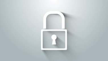 Beyaz Kilit simgesi gri arkaplanda izole edildi. Asma kilit işareti. Güvenlik, güvenlik, koruma, gizlilik kavramı. 4K Video hareketli grafik canlandırması