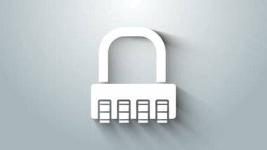 Gri arkaplanda beyaz kasa şifreli kilit simgesi izole edildi. Kombinasyon asma kilit. Güvenlik, güvenlik, koruma, şifre, gizlilik. 4K Video hareketli grafik canlandırması