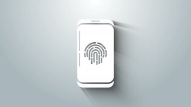 Gri arkaplanda parmak izi tarayıcı simgesi olan beyaz akıllı telefon. Güvenlik kavramı, cep telefonundan kişisel erişim. 4K Video hareketli grafik canlandırması