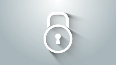Beyaz Kilit simgesi gri arkaplanda izole edildi. Asma kilit işareti. Güvenlik, güvenlik, koruma, gizlilik kavramı. 4K Video hareketli grafik canlandırması