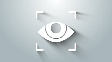 Beyaz Göz tarama simgesi gri arkaplanda izole edildi. Göz taraması yapılıyor. Güvenlik kontrol sembolü. Siber göz işareti. 4K Video hareketli grafik canlandırması