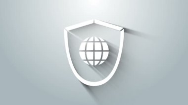 Gri arkaplanda dünya küresi simgesine sahip Beyaz Kalkan. Güvenlik, güvenlik, koruma, gizlilik kavramı. 4K Video hareketli grafik canlandırması