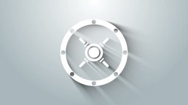 Gri arkaplanda beyaz kasa simgesi izole edildi. Kapı, şifreli bir banka kasası. Güvenilir Veri Koruma. 4K Video hareketli grafik canlandırması