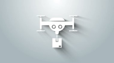 Gri arkaplanda paket simgesi olan beyaz dağıtım dronu. Drone karton kutu teslim ediyor. 4K Video hareketli grafik canlandırması