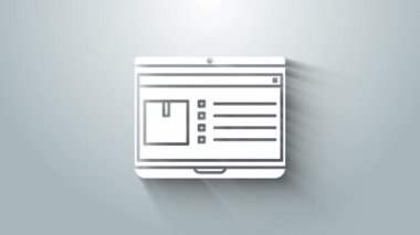 Gri arkaplanda uygulamalı takip simgesi olan beyaz dizüstü bilgisayar. Paket takibi. 4K Video hareketli grafik canlandırması