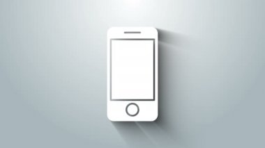 Gri arkaplanda uygulama dağıtım ikonu olan beyaz mobil akıllı telefon. Paket takibi. 4K Video hareketli grafik canlandırması