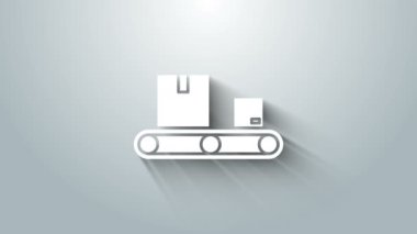 Gri zemin üzerinde karton kutu simgesi olan beyaz taşıma bandı. 4K Video hareketli grafik canlandırması