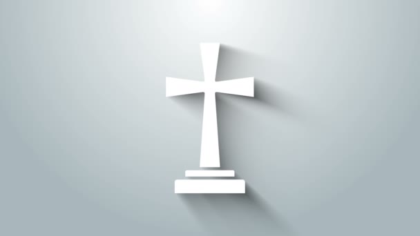 Белый гроб с иконой креста на сером фоне. Значок могилы. Видеографическая анимация 4K — стоковое видео