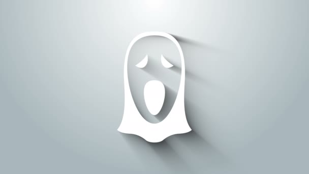 Wit Grappig en eng spookmasker voor Halloween icoon geïsoleerd op grijze achtergrond. Gelukkig Halloween feest. 4K Video motion grafische animatie — Stockvideo