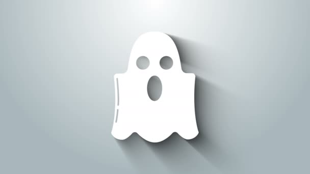 Icono fantasma blanco aislado sobre fondo gris. Feliz fiesta de Halloween. Animación gráfica de vídeo 4K — Vídeo de stock