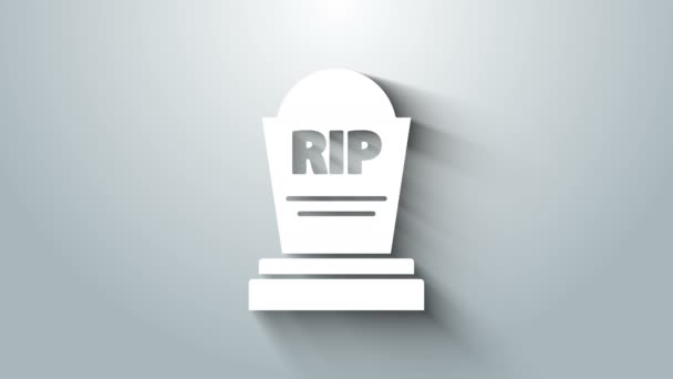 Белый надгробие с RIP написана на нем значок изолирован на сером фоне. Значок могилы. Видеографическая анимация 4K — стоковое видео