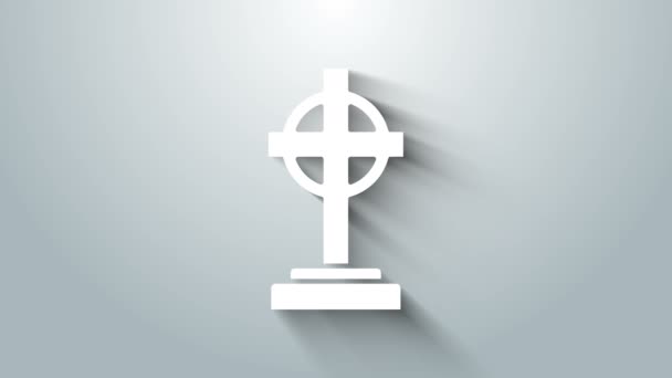 White Tombstone with cross icon isolated on grey background. Grave icon. 4K Video motion graphic animation — Stock Video