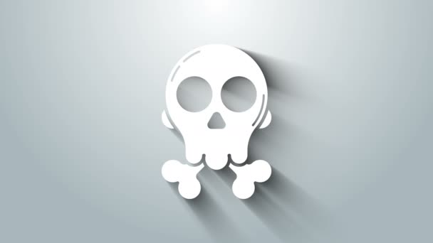 Cráneo blanco sobre huesos cruzados icono aislado sobre fondo gris. Feliz fiesta de Halloween. Animación gráfica de vídeo 4K — Vídeo de stock