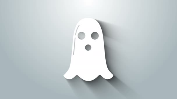 Icono fantasma blanco aislado sobre fondo gris. Feliz fiesta de Halloween. Animación gráfica de vídeo 4K — Vídeo de stock