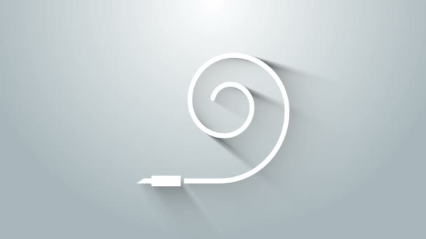 Witte verjaardagsfeesthoorn pictogram geïsoleerd op grijze achtergrond. 4K Video motion grafische animatie — Stockvideo