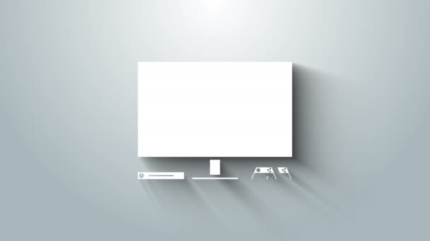 白色电子游戏控制台图标孤立在灰色背景。游戏主机与控制杆和lcd电视。4K视频运动图形动画 — 图库视频影像