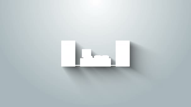 Estéreo Home branco com ícone de dois alto-falante isolado em fundo cinza. Sistema musical. Animação gráfica em movimento de vídeo 4K — Vídeo de Stock