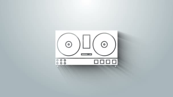 Λευκό τηλεχειριστήριο DJ για αναπαραγωγή και ανάμειξη εικονιδίου μουσικής που απομονώνεται σε γκρι φόντο. DJ μίξερ πλήρης, με βινύλιο και τηλεχειριστήριο. 4K Γραφική κίνηση κίνησης βίντεο — Αρχείο Βίντεο