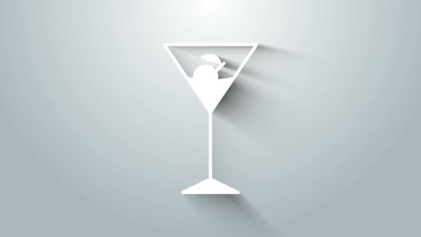 Icono de vidrio Martini blanco aislado sobre fondo gris. Icono de cóctel. Icono de copa de vino. Animación gráfica de vídeo 4K — Vídeo de stock